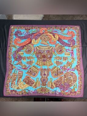 Hermes Silk Scarf Sous Le Gide De Mars Armor Purple Teal Gold Authentic